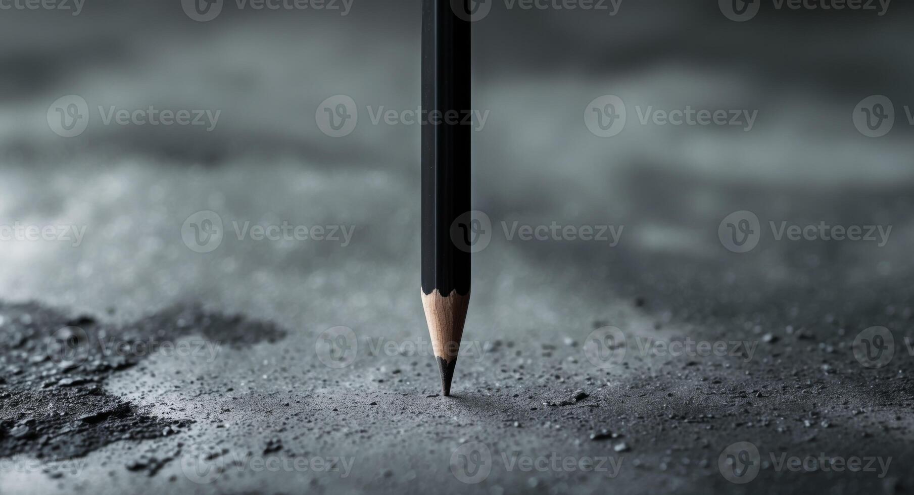 Black pencil placed vertically on a textured gray concrete background with ample copy space for text insertion photo