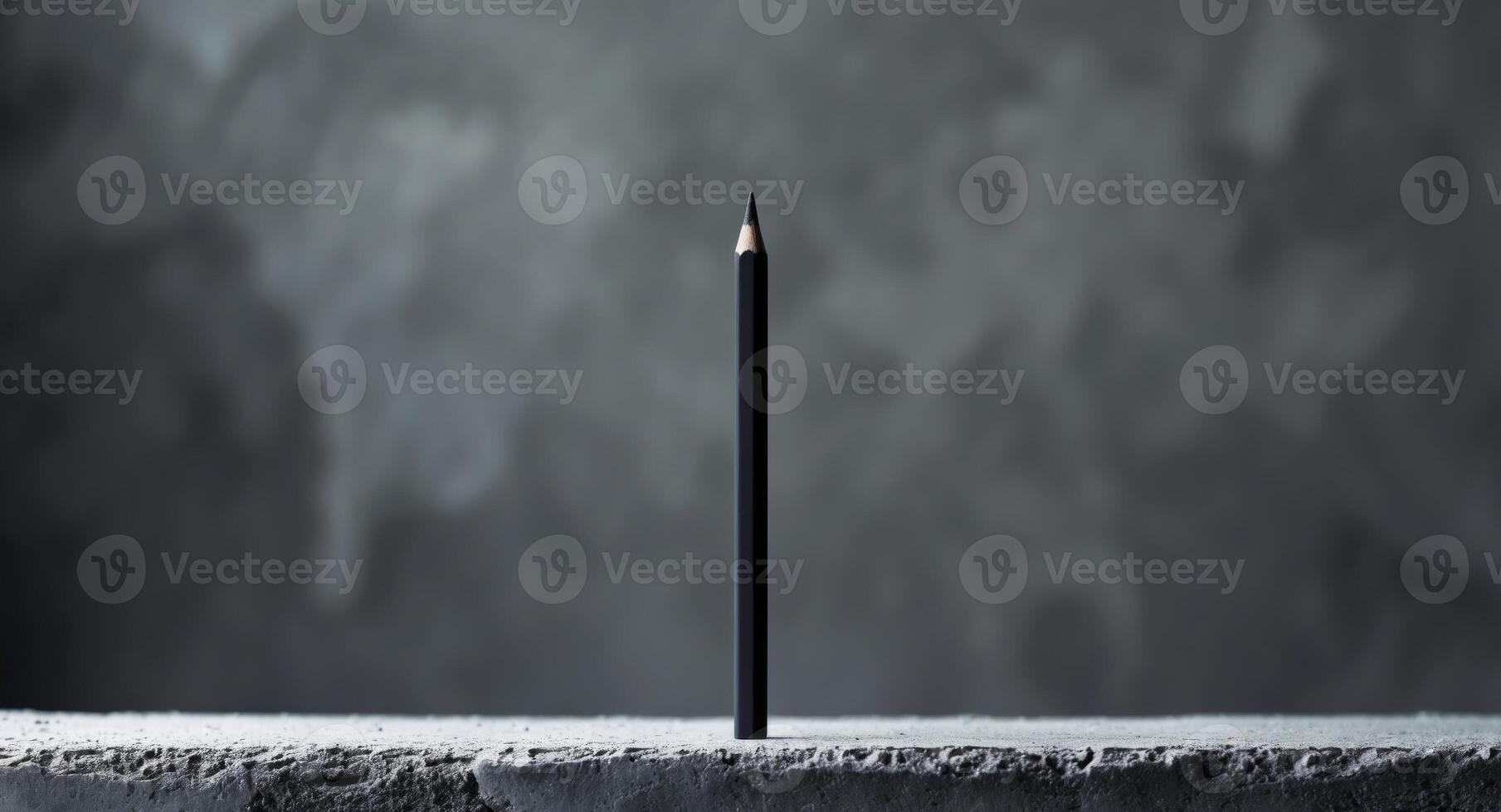 Black pencil placed vertically on a textured gray concrete background with ample copy space for text insertion. photo