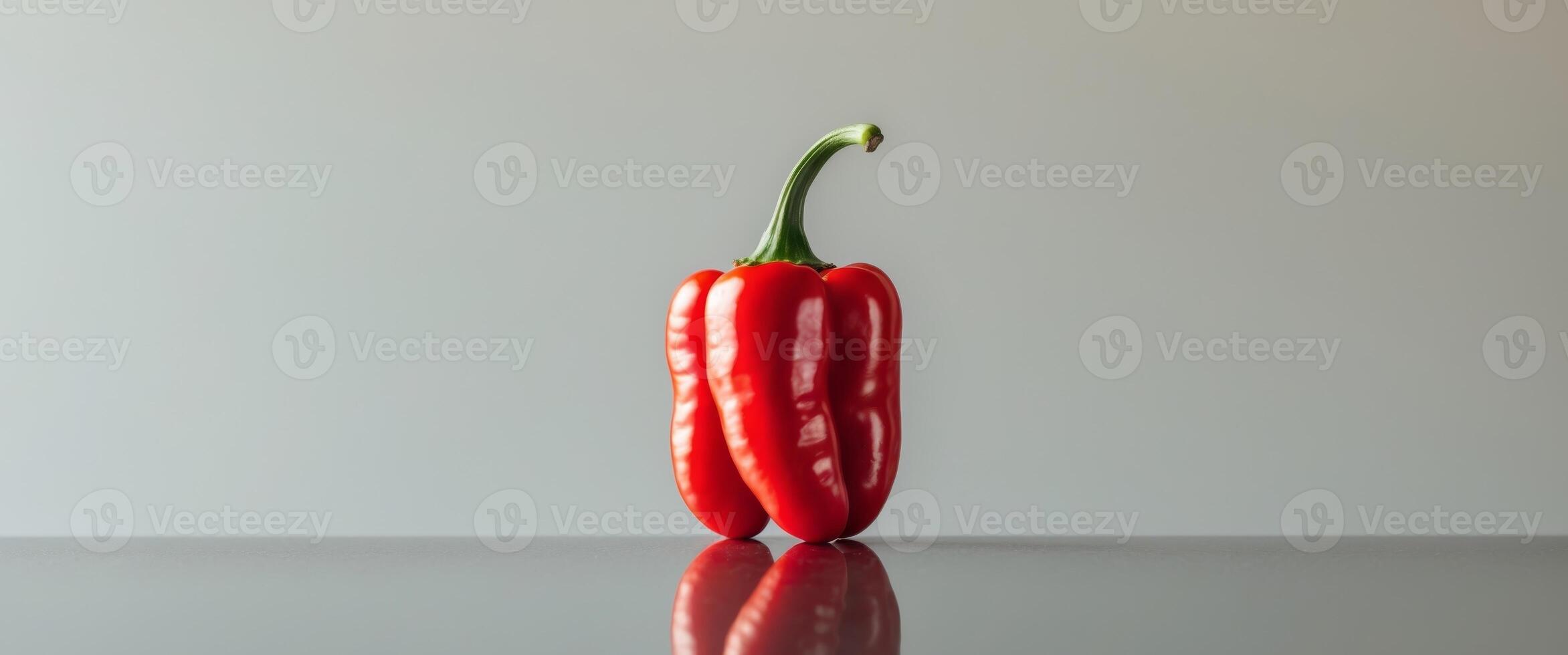 Bright red chili pepper rests on a shiny surface in a kitchen setting. photo