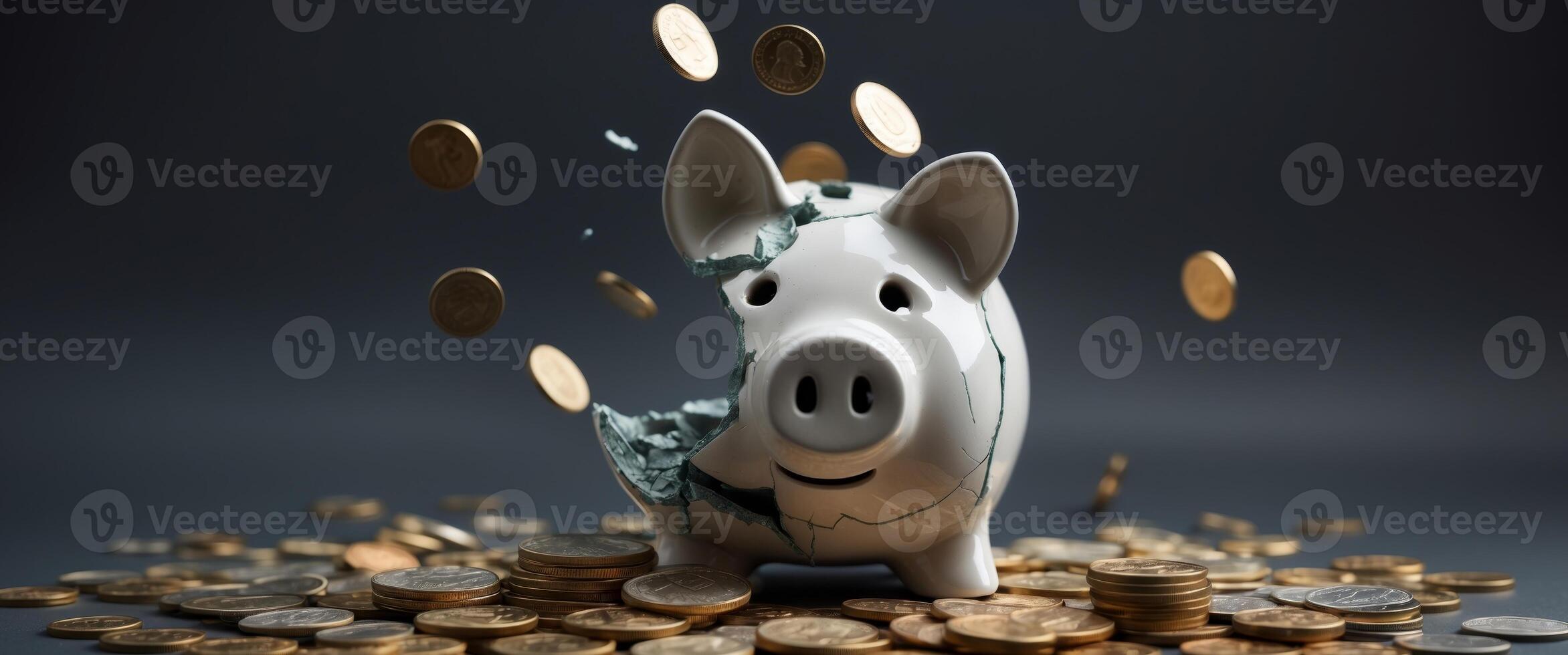 Broken piggy bank surrounded by scattered coins on a dark background during a financial struggle. photo