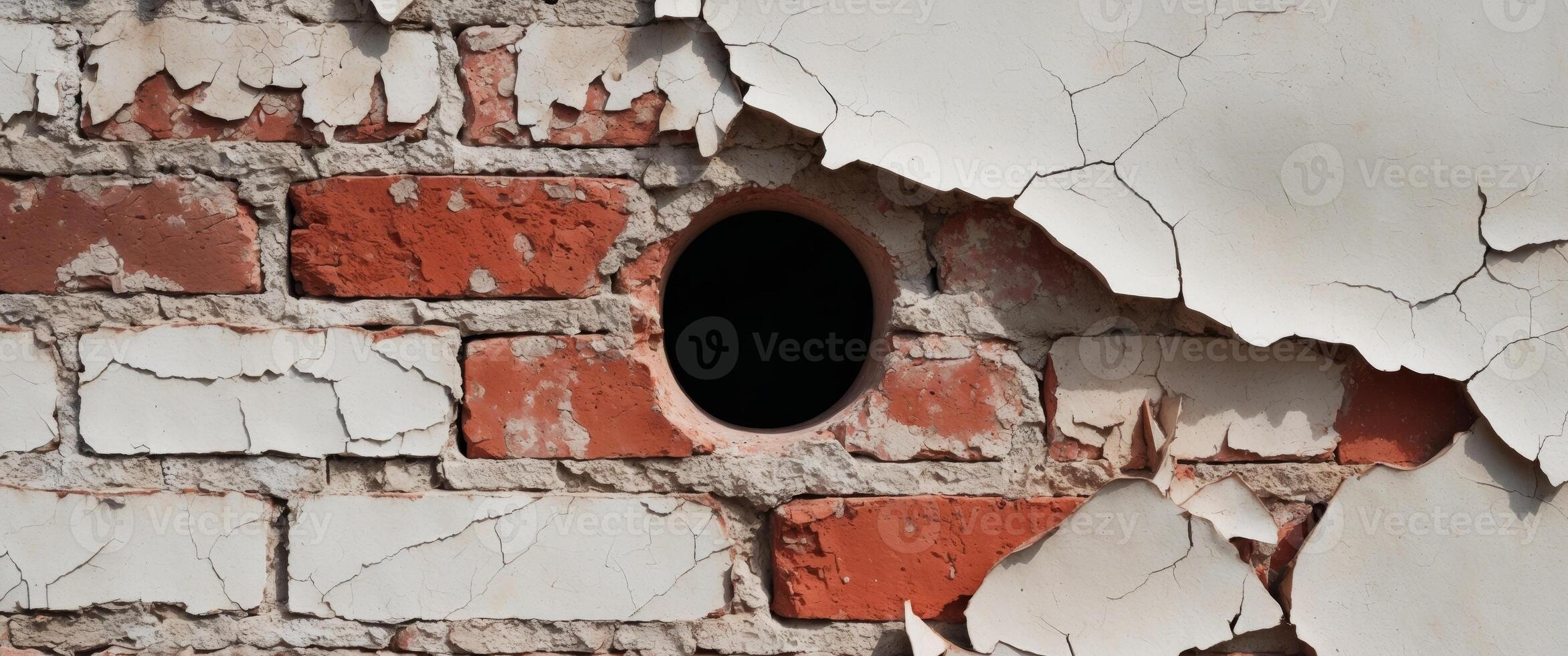 Brick wall hole in cracked white surface photo