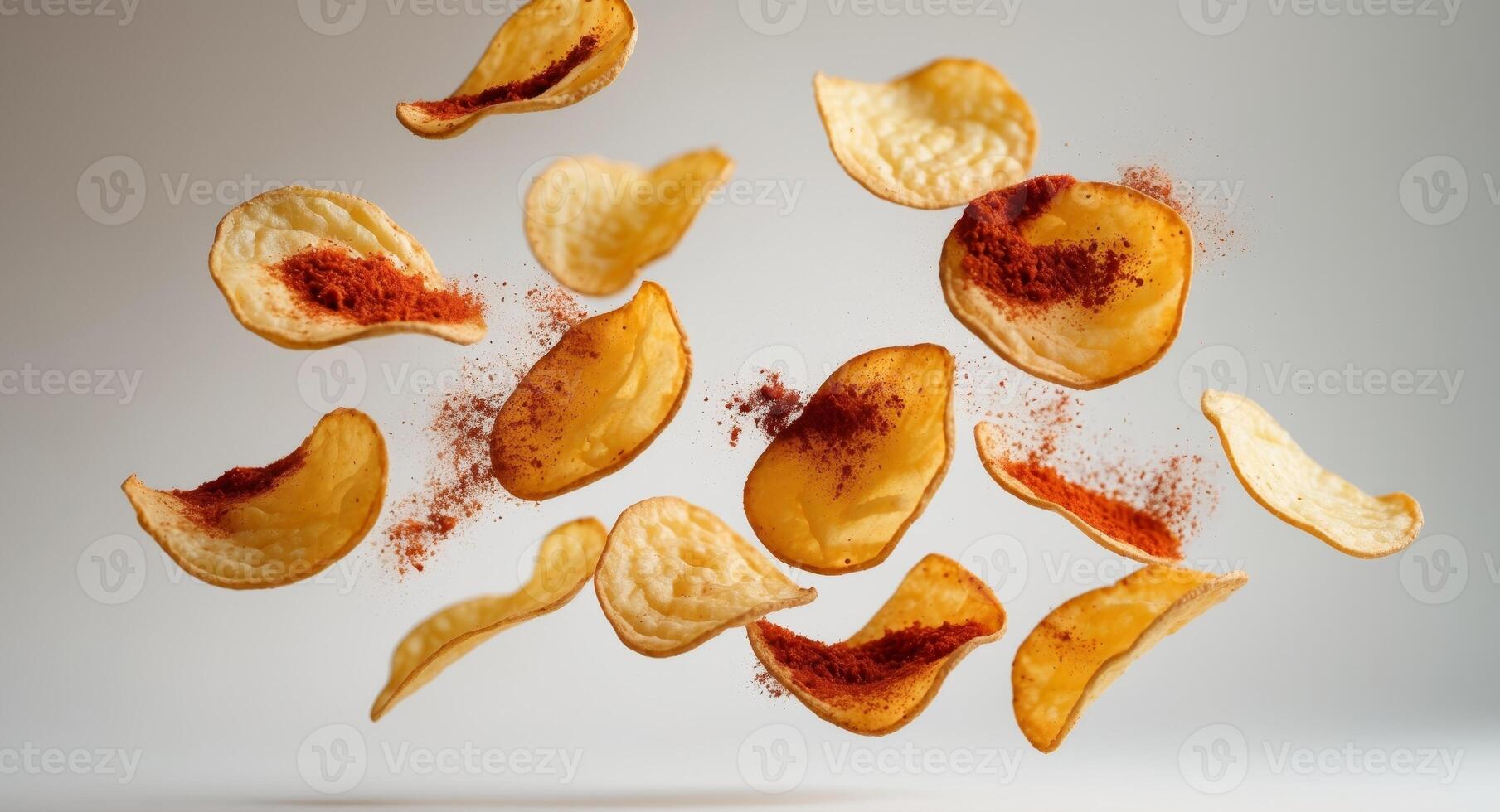 Crispy potato chips with paprika spices flying on a light background in studio shot. photo