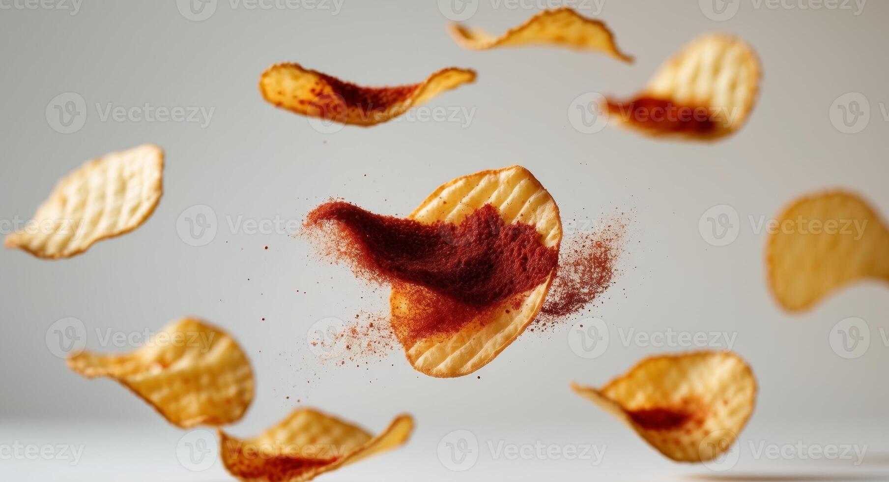 Crispy potato chips with paprika spices flying on a light background in studio shot photo
