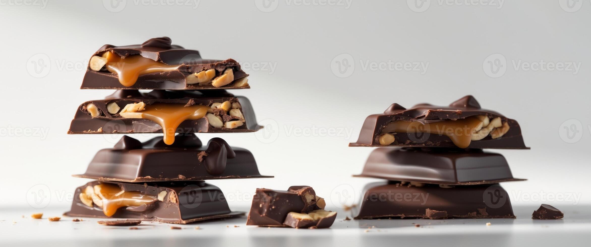 Dark chocolate pieces stacked with nuts and caramel filling falling apart. photo