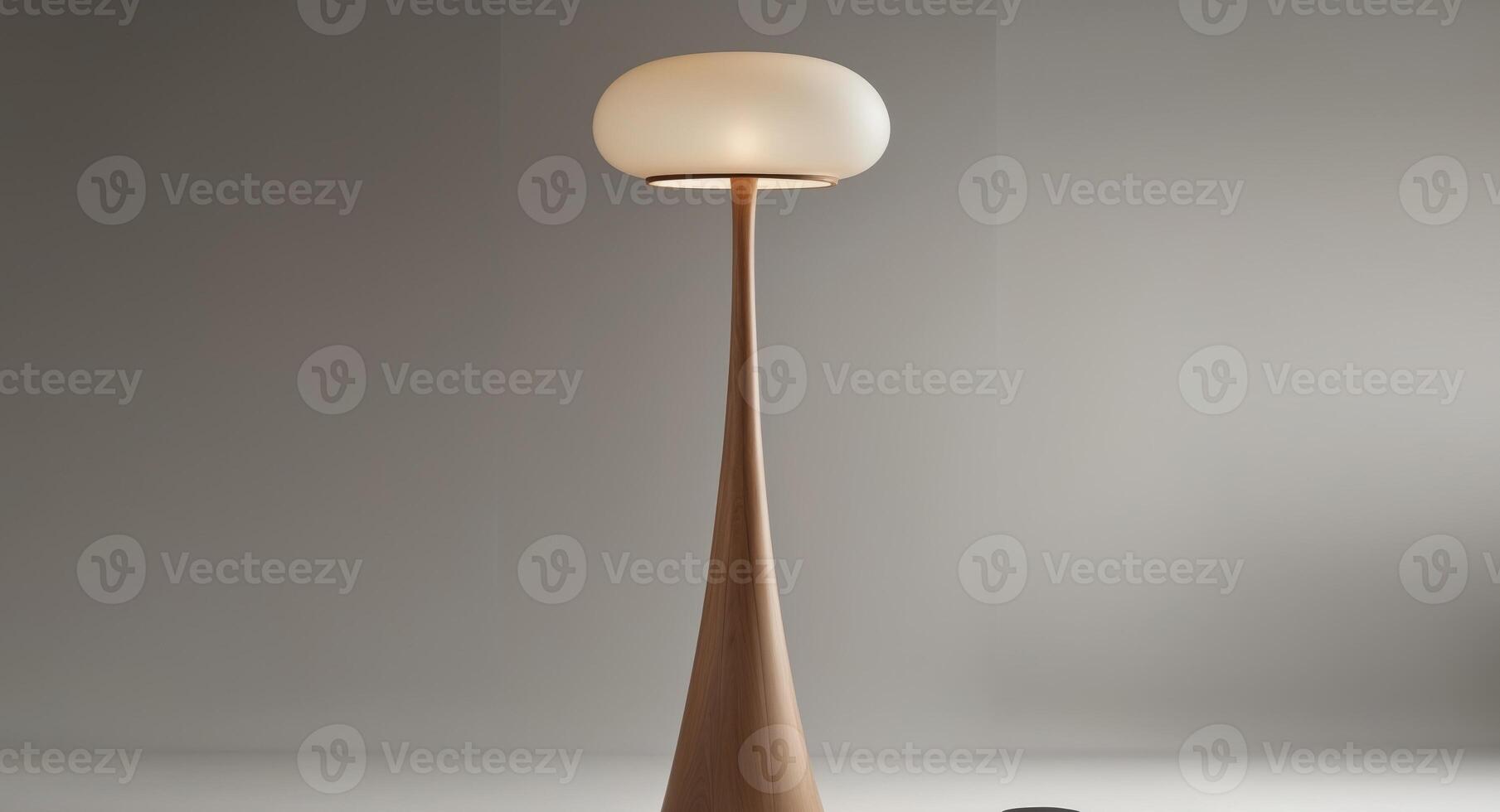 Elegant floor lamp featuring curved wooden base and translucent matte plexiglass insert design photo