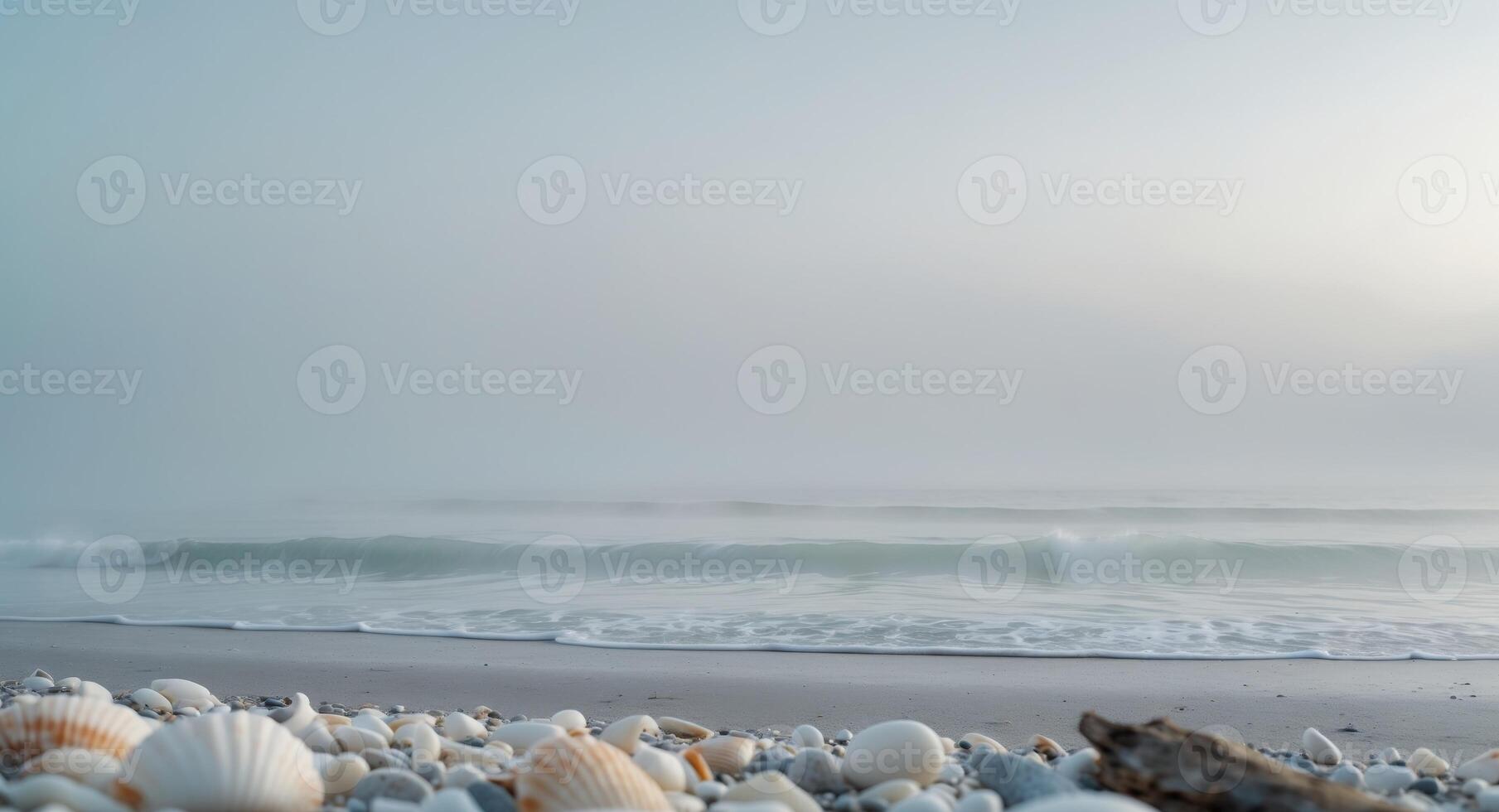 Foggy morning at a serene beach with gentle waves lapping on the shore. photo
