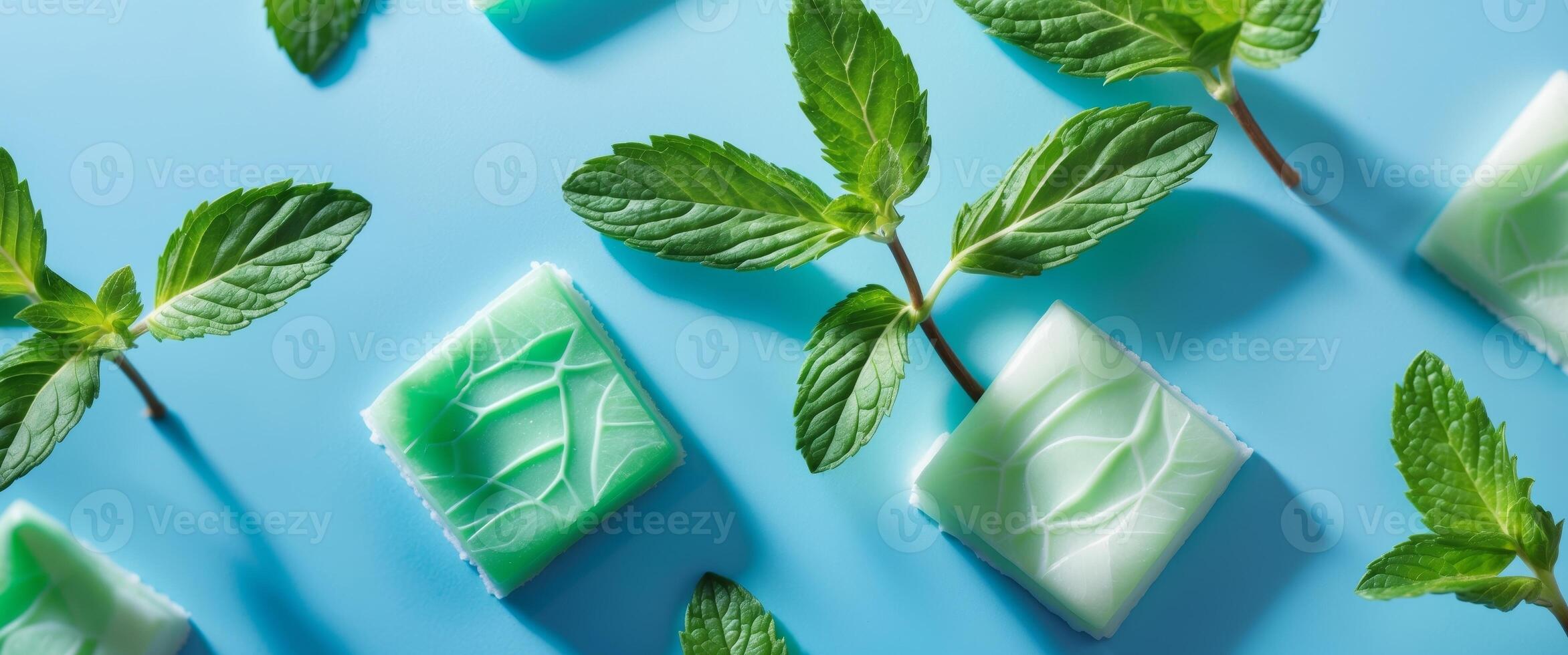 Fresh mint chewing gum and mint leaves arranged on a vibrant background for a clean and refreshing feel. photo