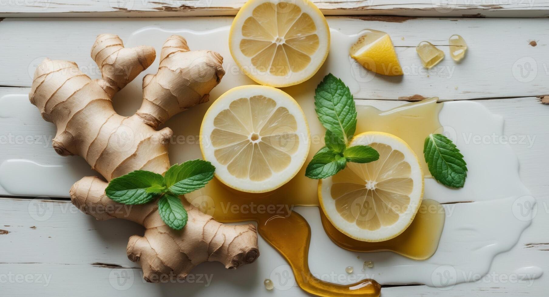 Ginger and lemon slices with fresh mint and honey arranged on a rustic white wooden surface with ample negative space for text design. photo