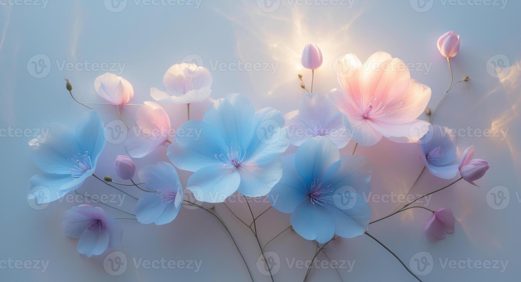 Glowing blue and pink flowers with soft lighting in a dreamy atmosphere photo