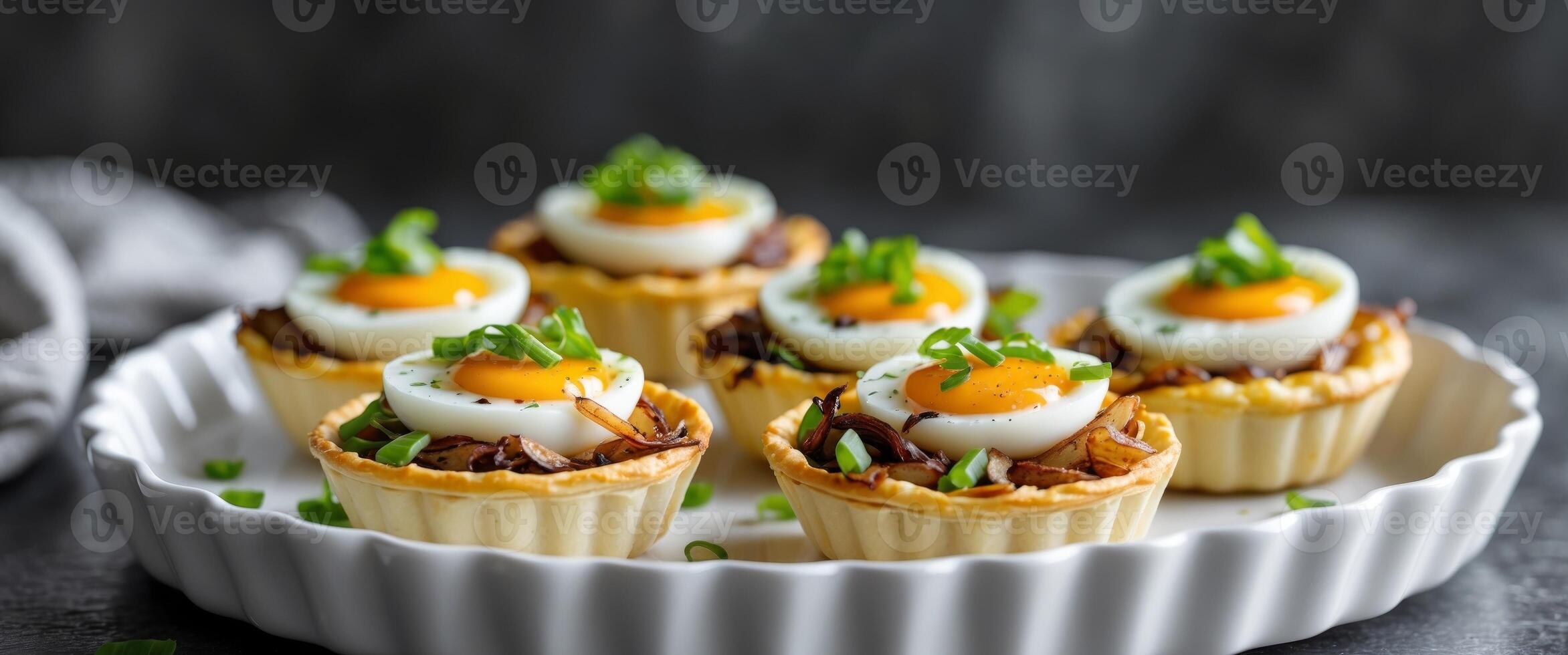 Mini Quiches with Eggs Onions and Cheese Topped with Green Onions in White Dish on Dark Background photo