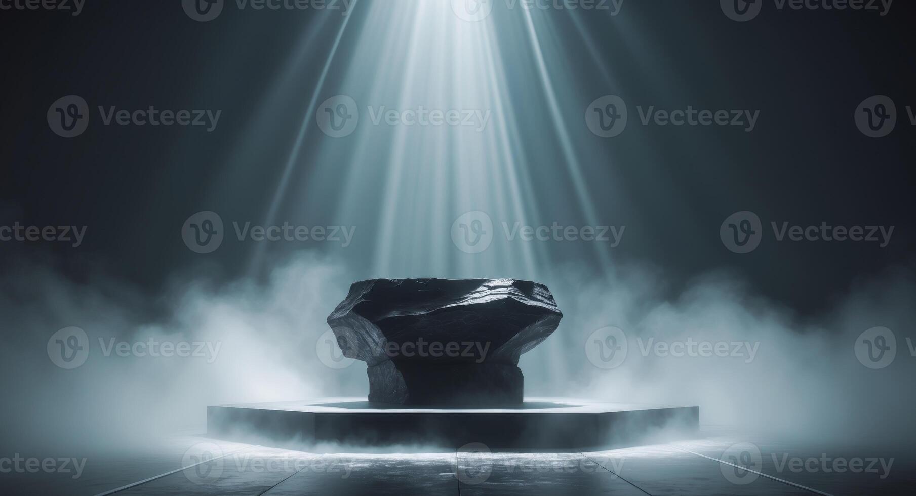 Mysterious dark stage rock podium for product showcase in foggy atmosphere with light rays photo