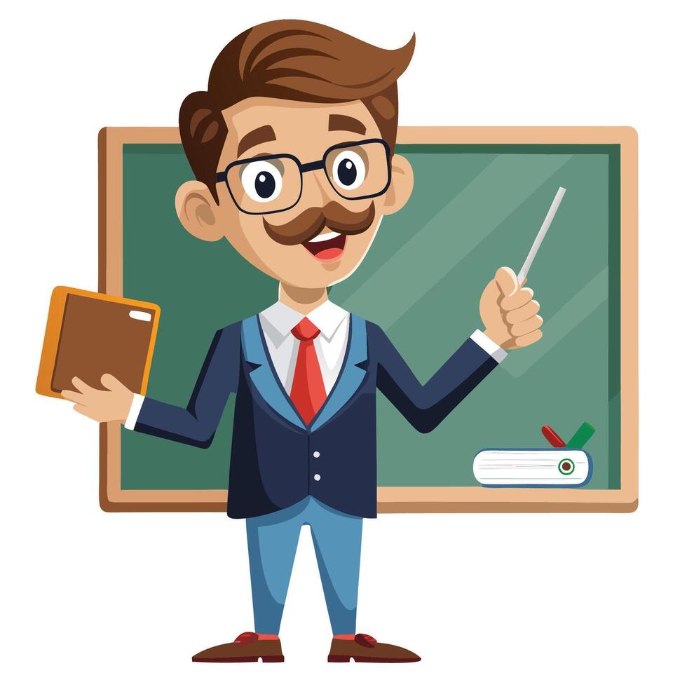 teacher with a pointer and a book in front of a blackboard vector