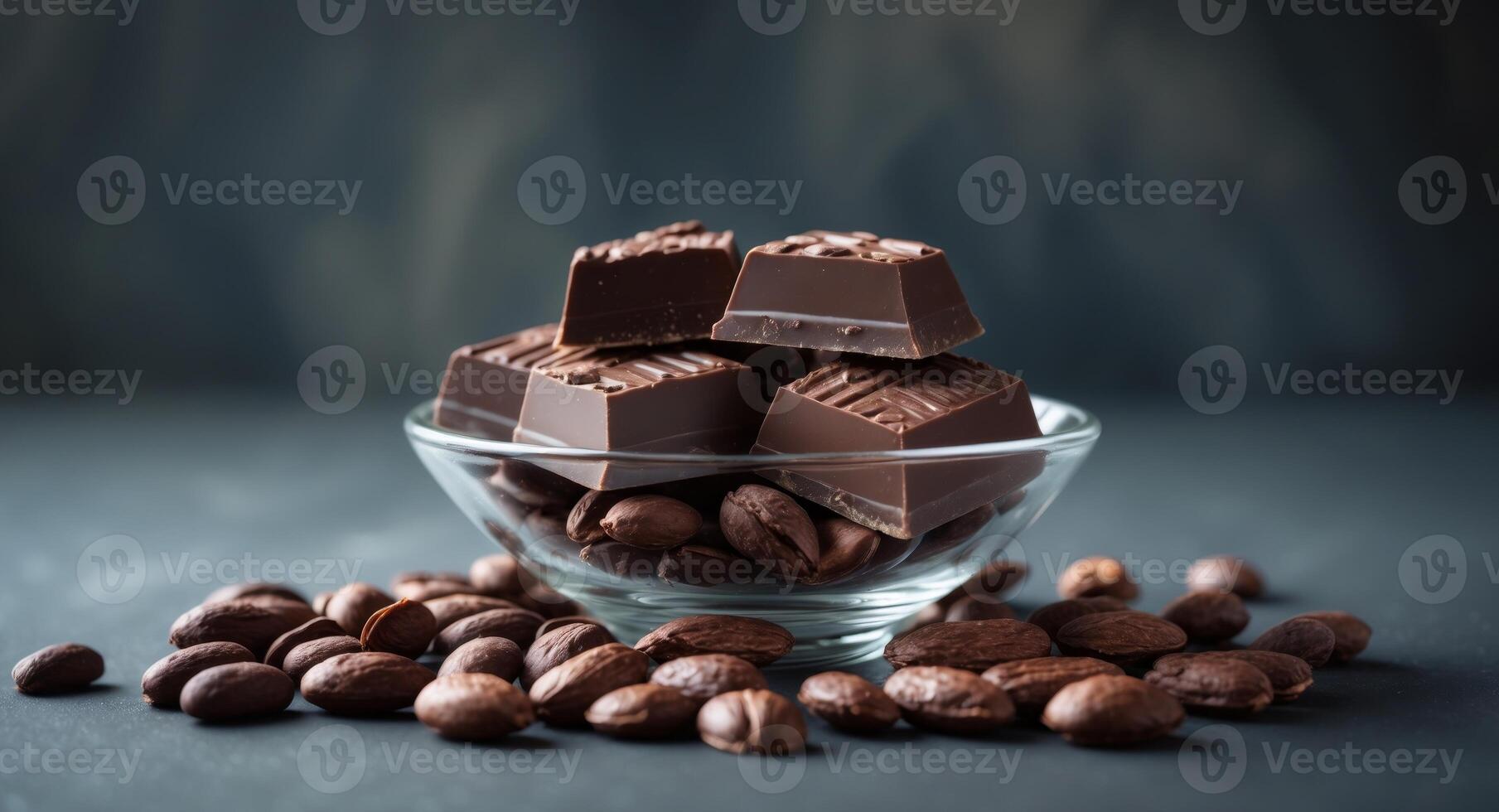 Rich Chocolate and Cocoa Beans in a Glass Bowl on a Dark Surface. photo