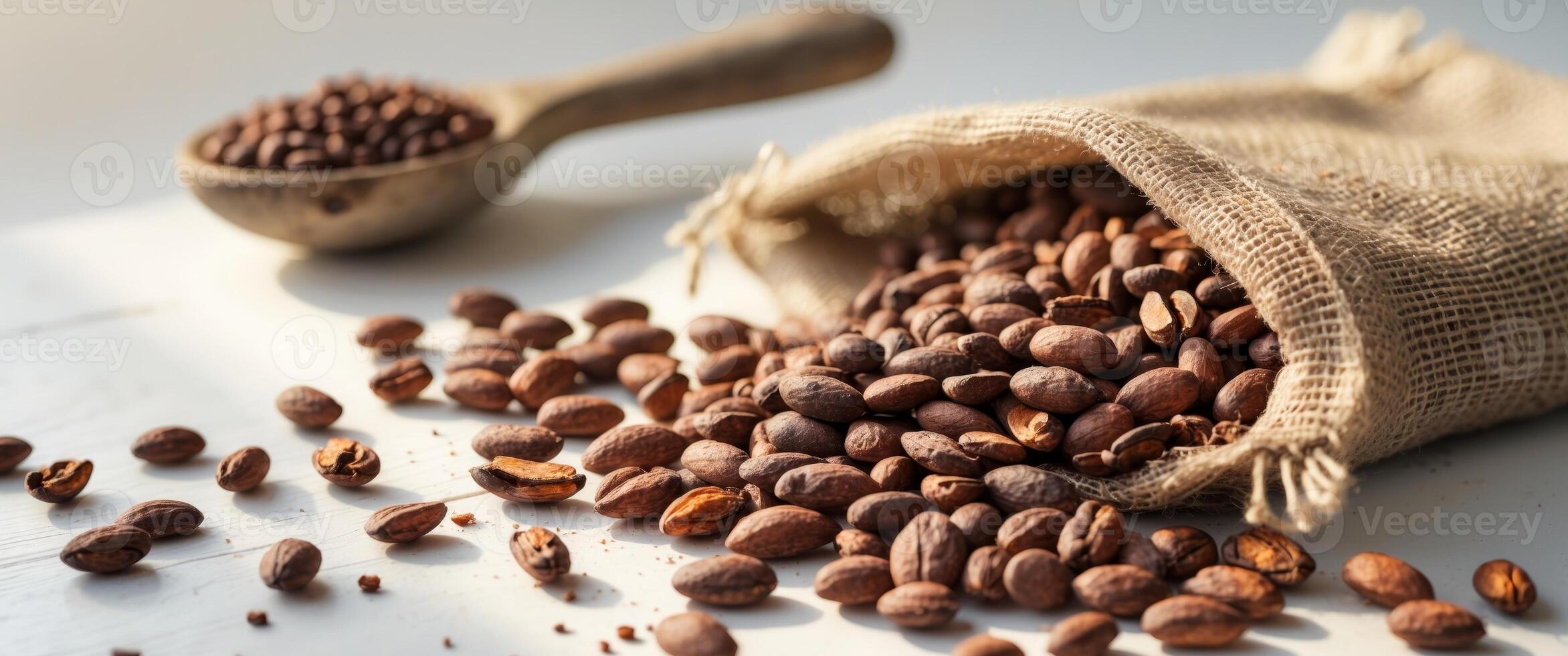 Rustic Cocoa Beans on Burlap Sack with Wooden Spoon. photo