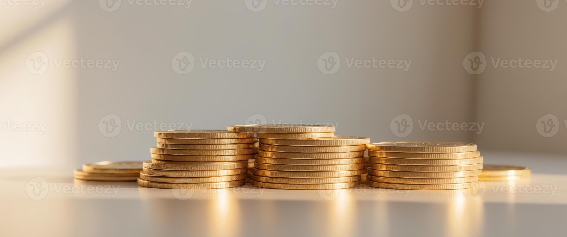 Stacks of Gold Coins Reflecting Morning Light photo