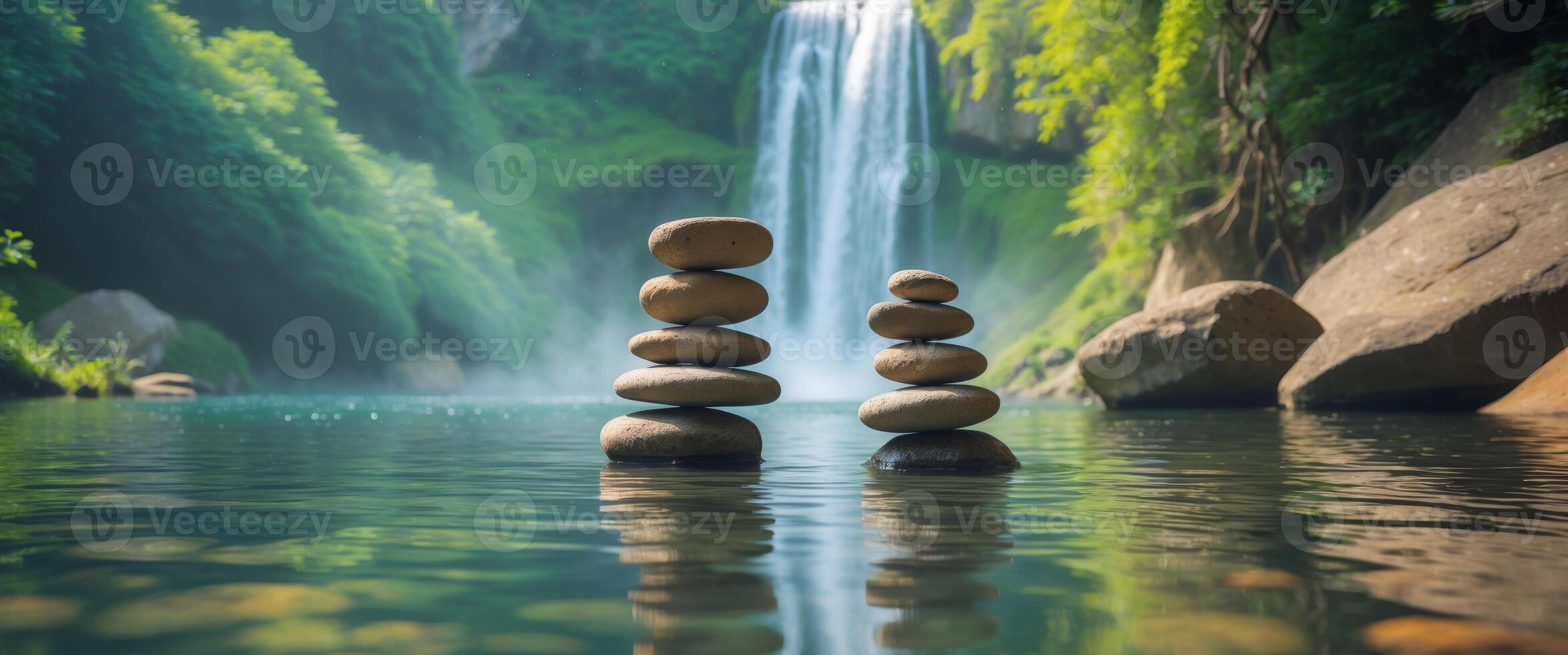 Stacked Stones in Calm Water by a Picturesque Waterfall in Nature photo