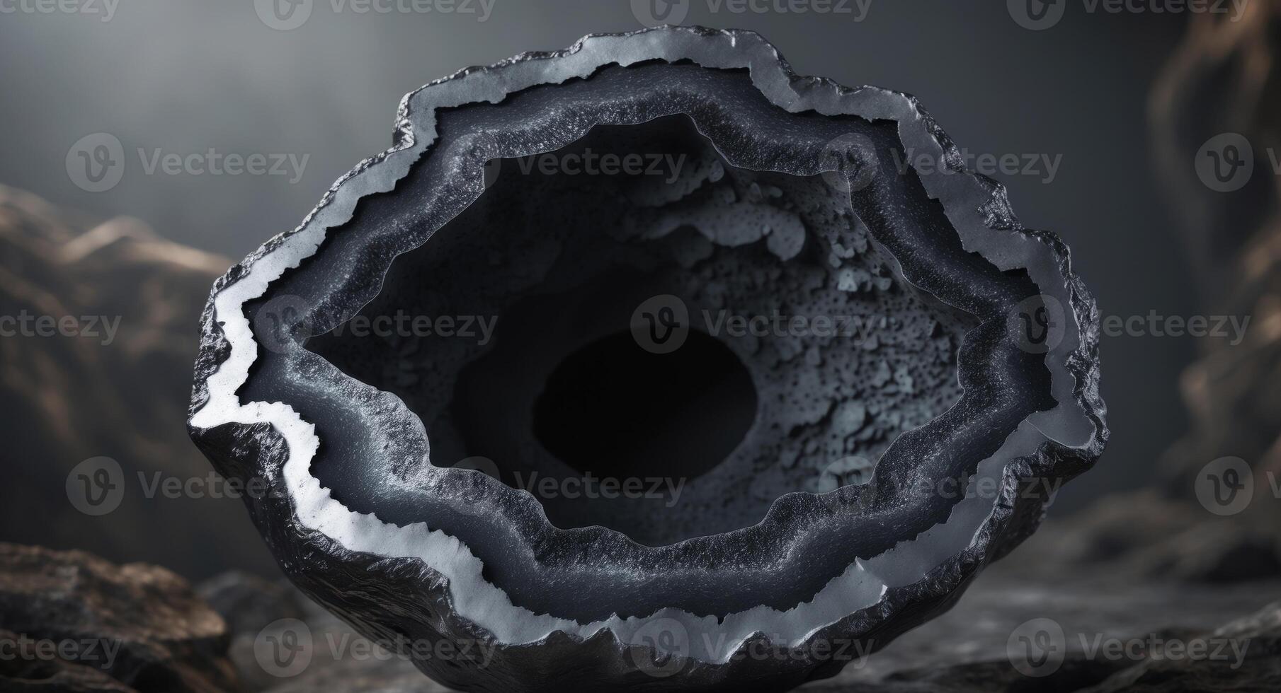 Textured Geode Surface in Dark Gray and Black with Organic Edges and Empty Center for Creative Copy Space in Abstract Natural Background photo
