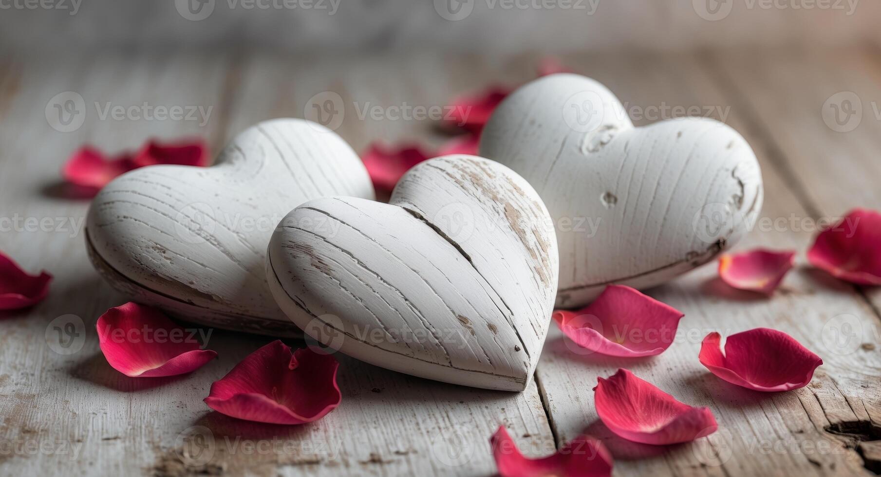 Three white wooden hearts and red rose petals on rustic wood photo