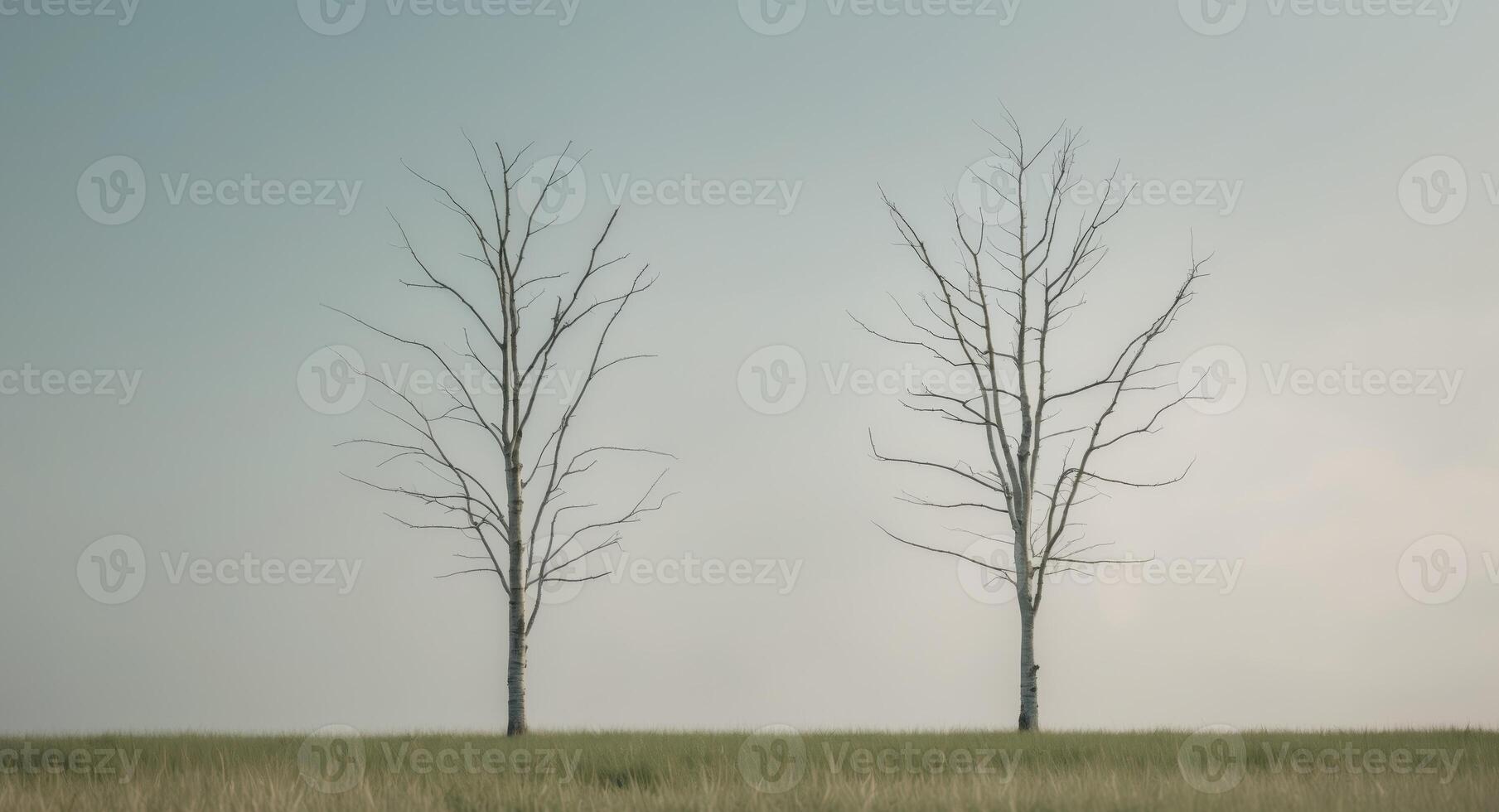 Two trees are standing next to each other in a field photo