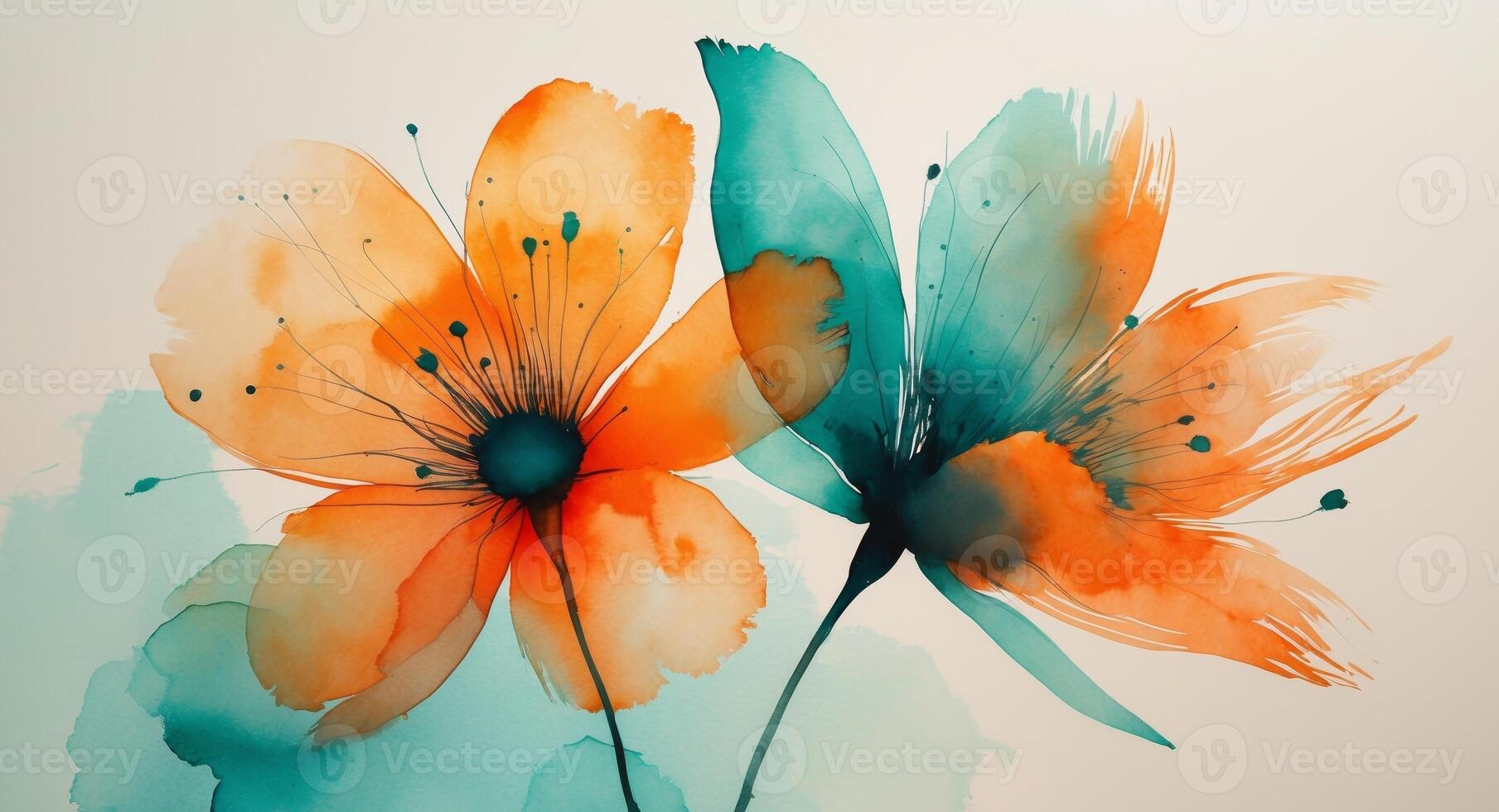 Two Abstract Watercolor Flowers in Orange and Teal. photo