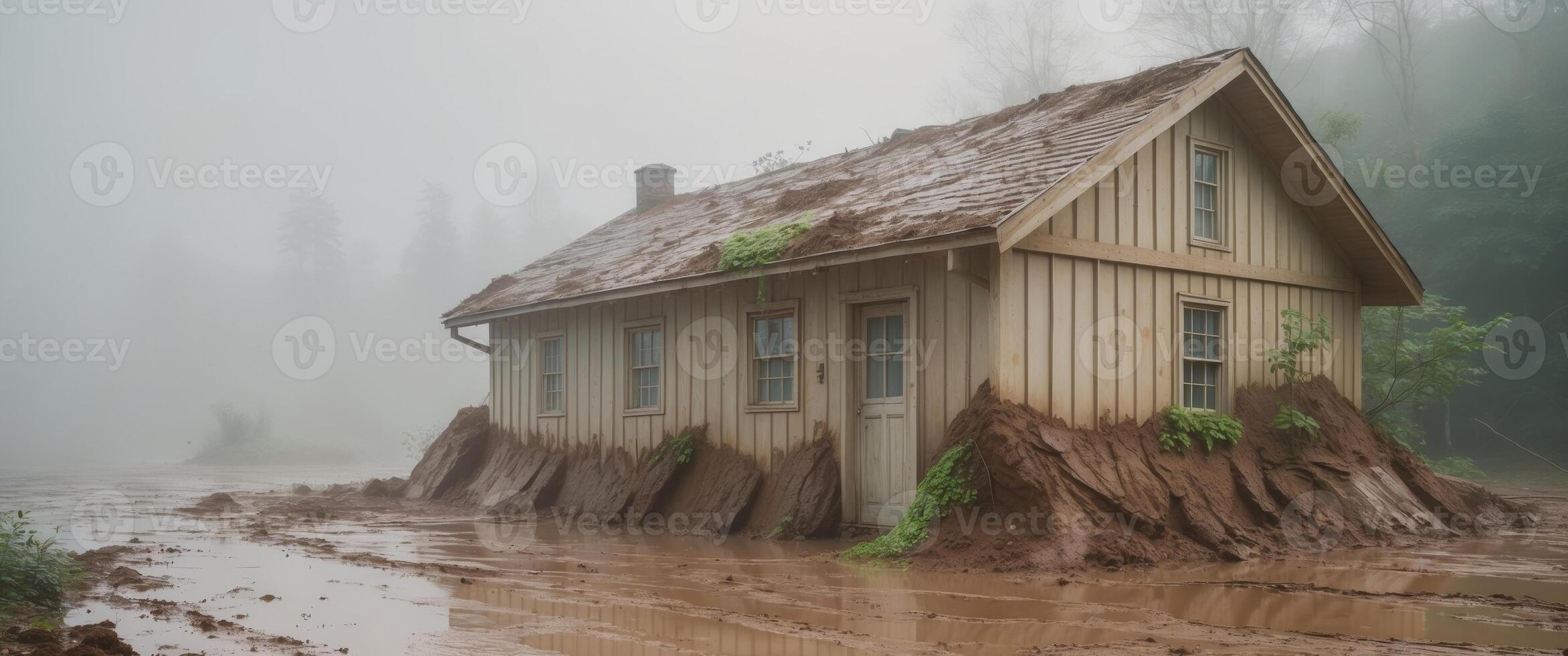 Wooden house covered in mud after a landslide on a misty day photo