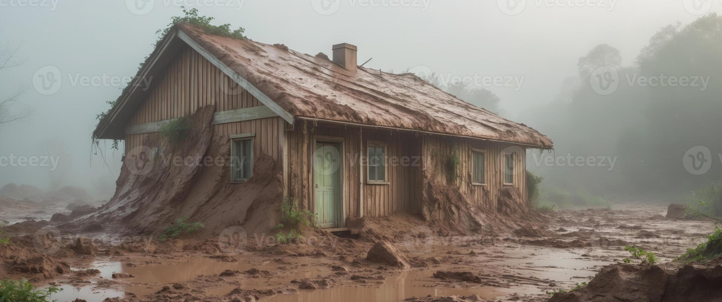Wooden house covered in mud after a landslide on a misty day. photo