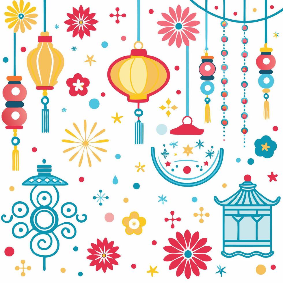chinese lanterns and flowers on a white background vector