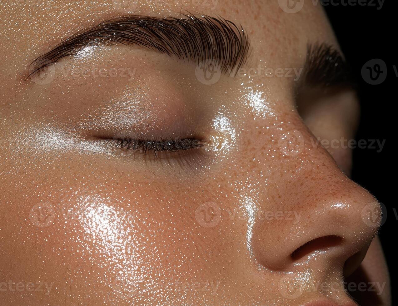 Closeup of a womans face with shimmering skin and freckles photo