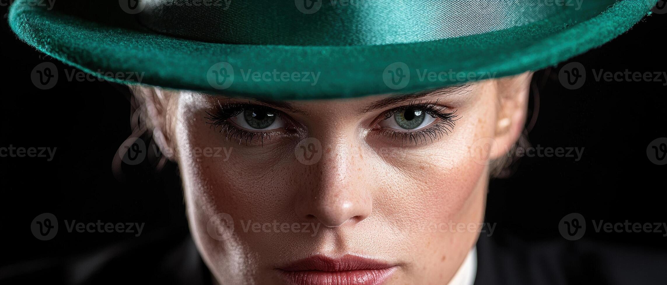 Close up portrait of a woman wearing a green hat photo