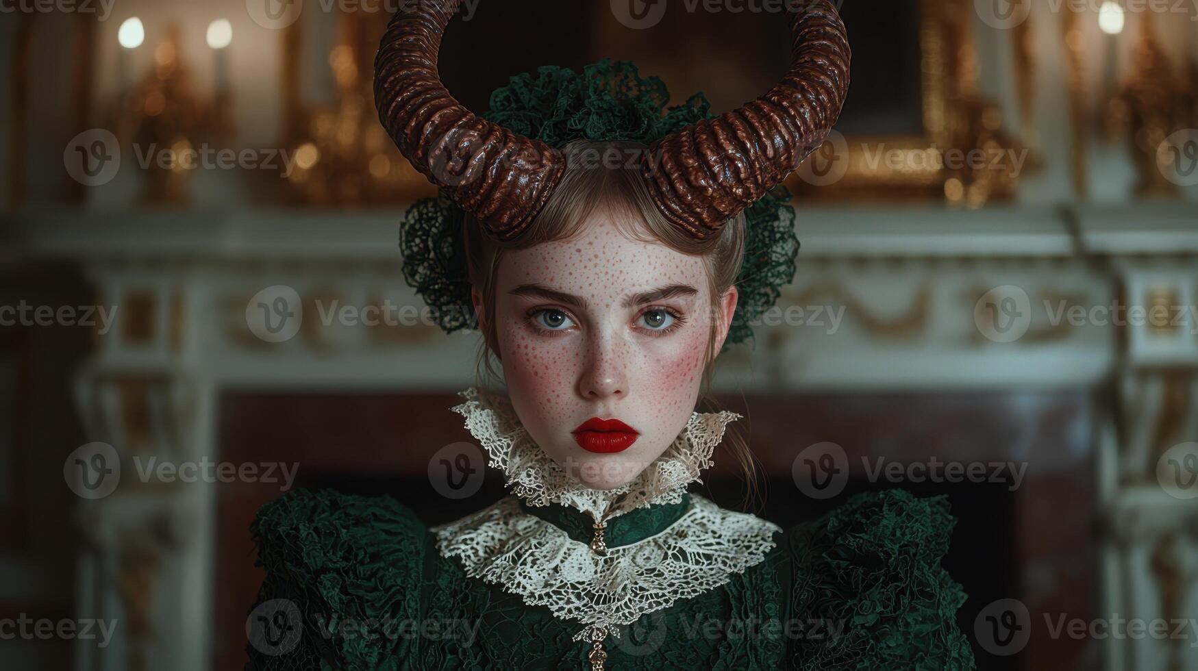 Portrait of a woman with horns in an elegant dress photo
