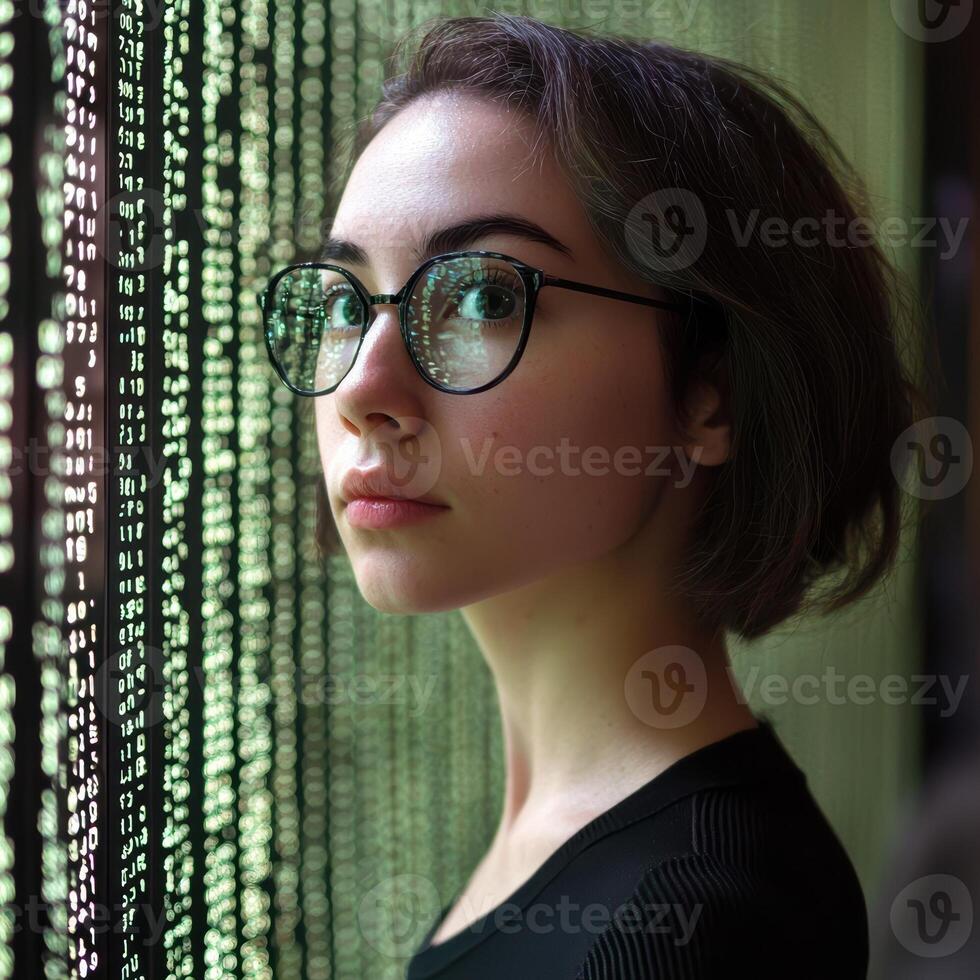 Young woman looking at a screen of binary code photo