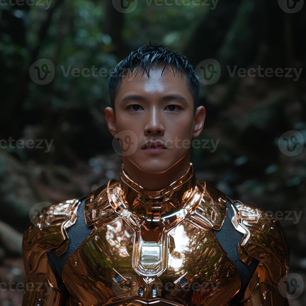 Futuristic soldier in golden armor stands in a forest photo