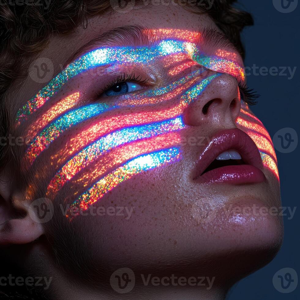 Closeup of a young womans face with iridescent glitter makeup photo