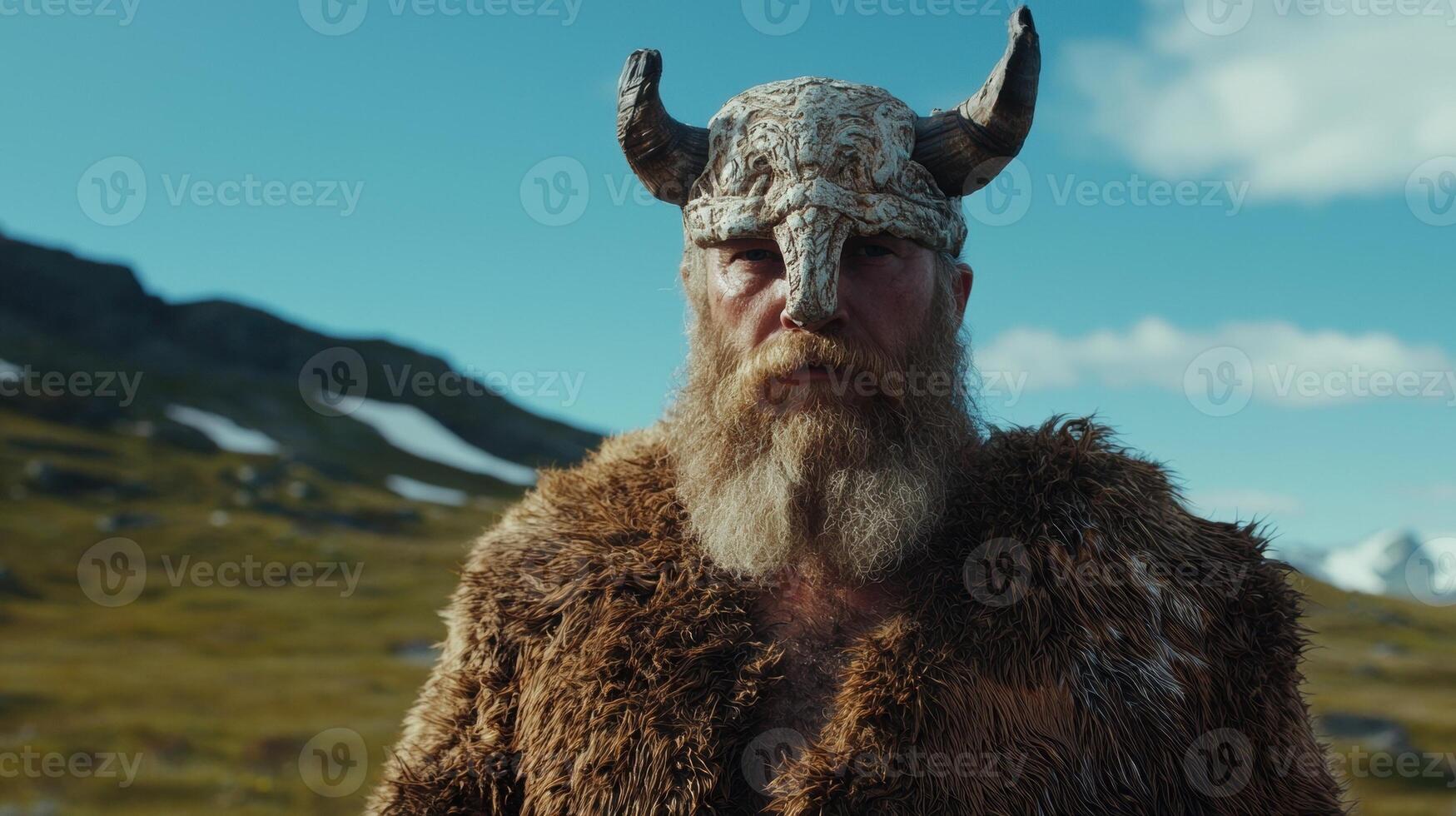 Portrait of a majestic warrior in a horned helmet and fur coat photo