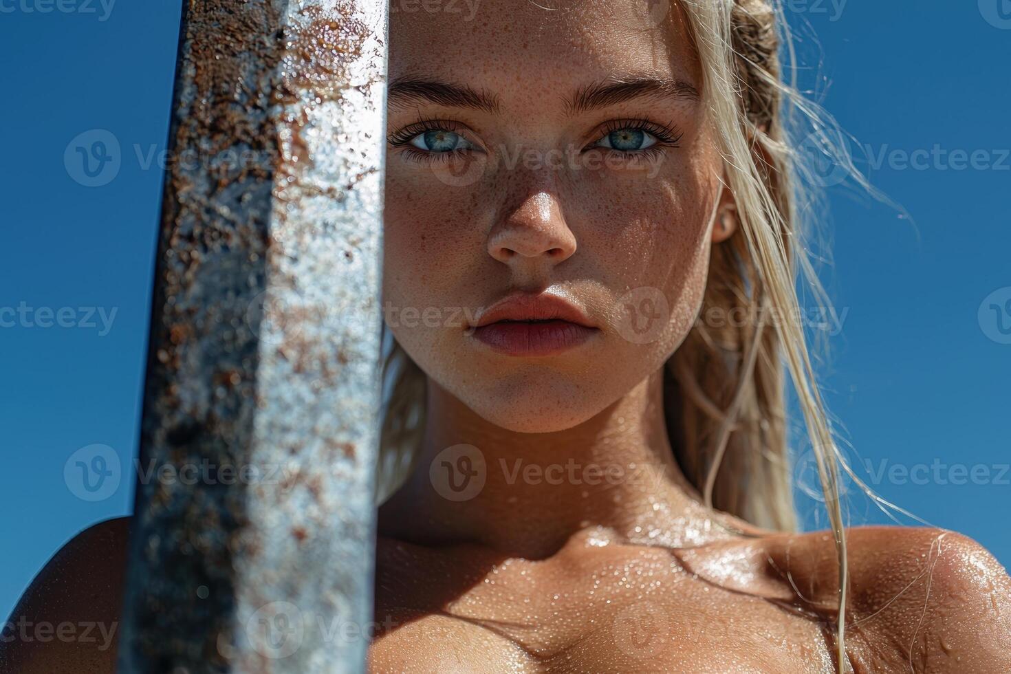Close up portrait of a young woman with freckles and blue eyes, partially obscured by a rusty metal object photo
