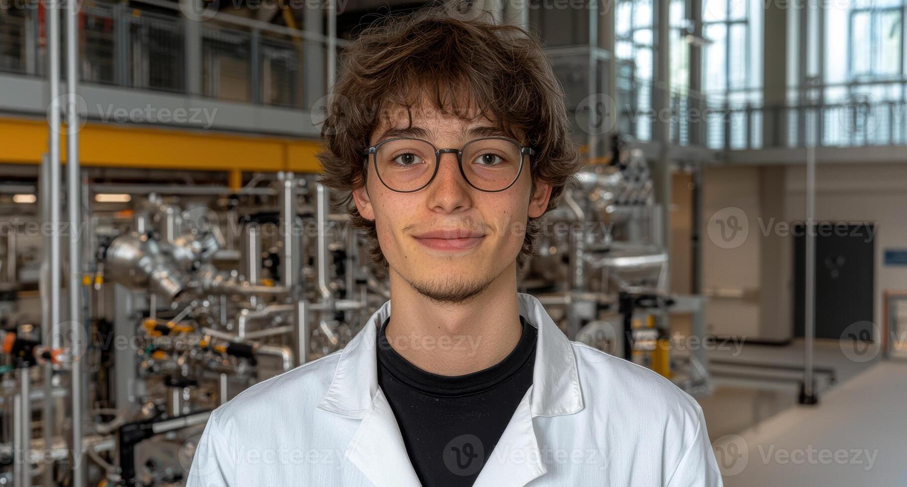 Smiling young scientist in lab coat in a laboratory photo