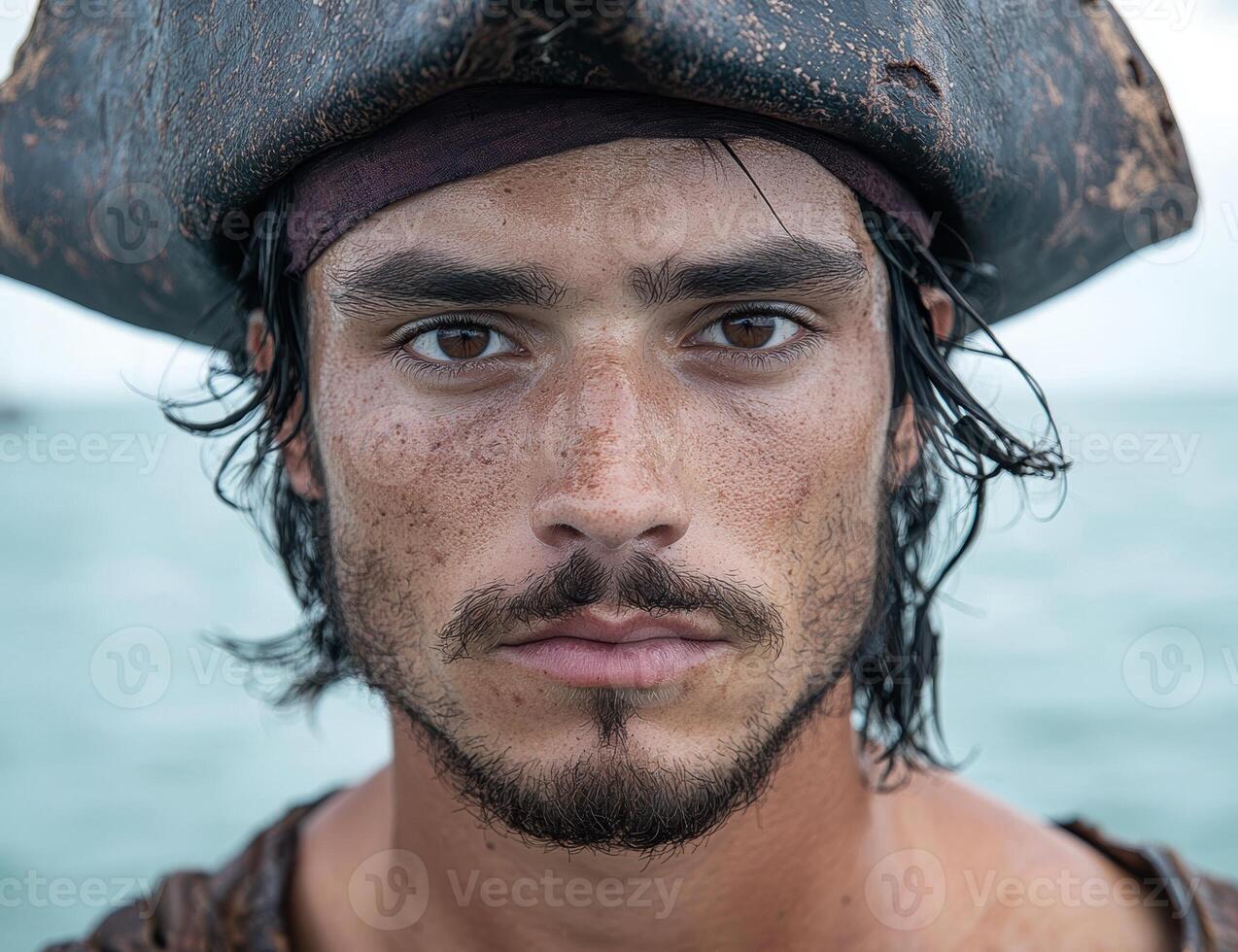 Close up portrait of a man with a weathered pirate hat photo