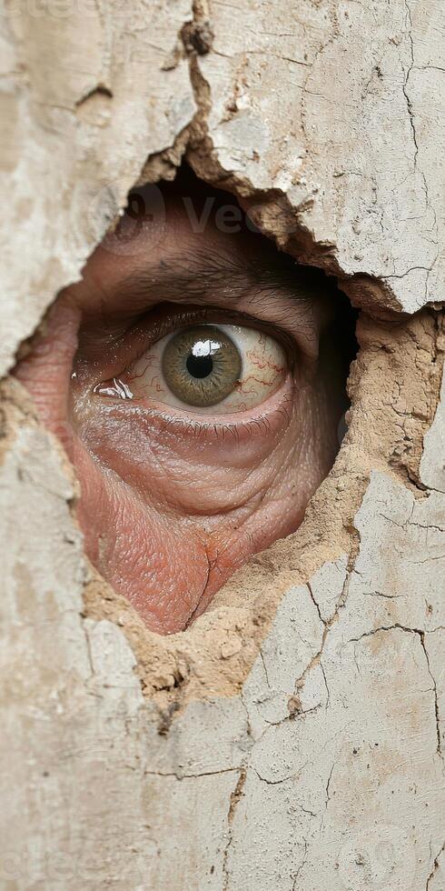 Close up of a single eye peering through a hole in a cracked wall photo