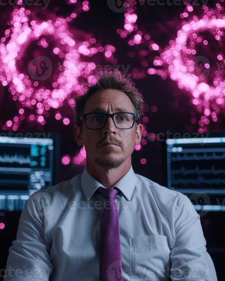 Businessman looking thoughtfully at computer screens with DNA data photo