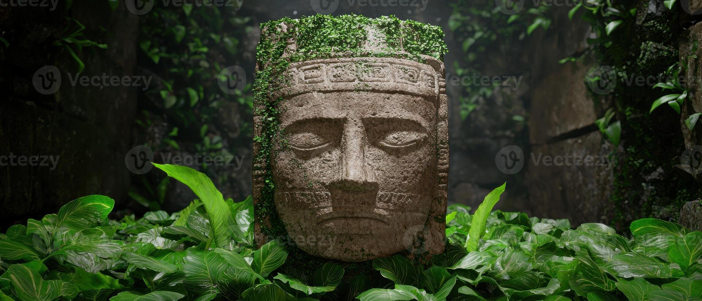 Ancient stone face statue in lush jungle setting photo