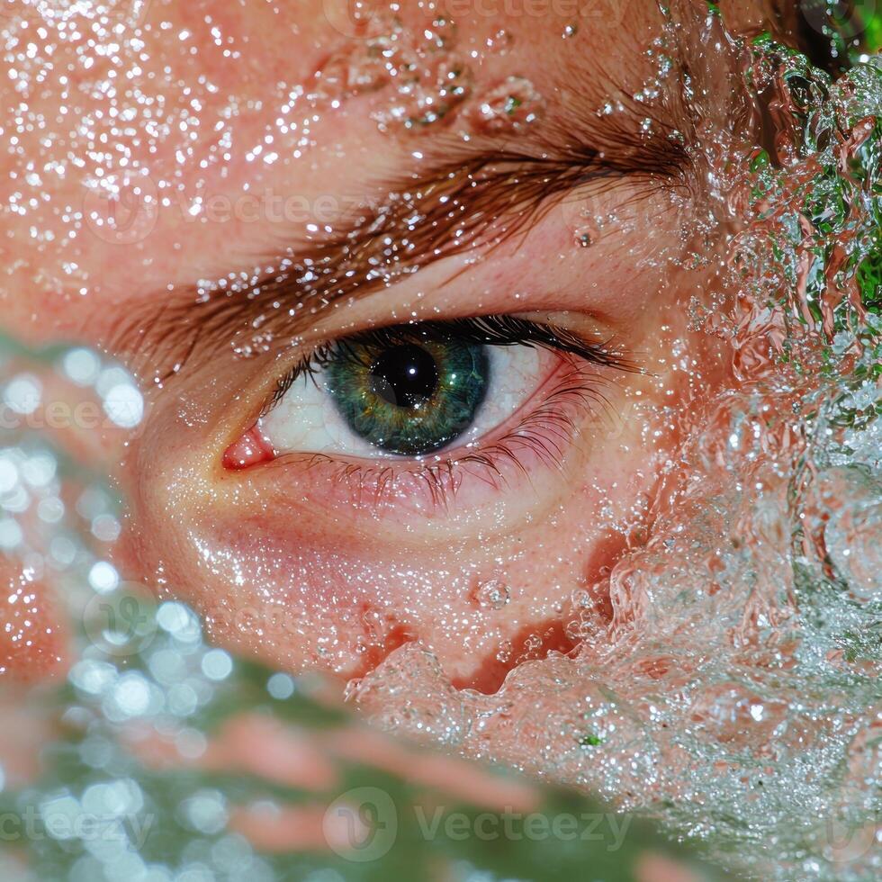 Close up of a persons eye underwater with water splashing photo