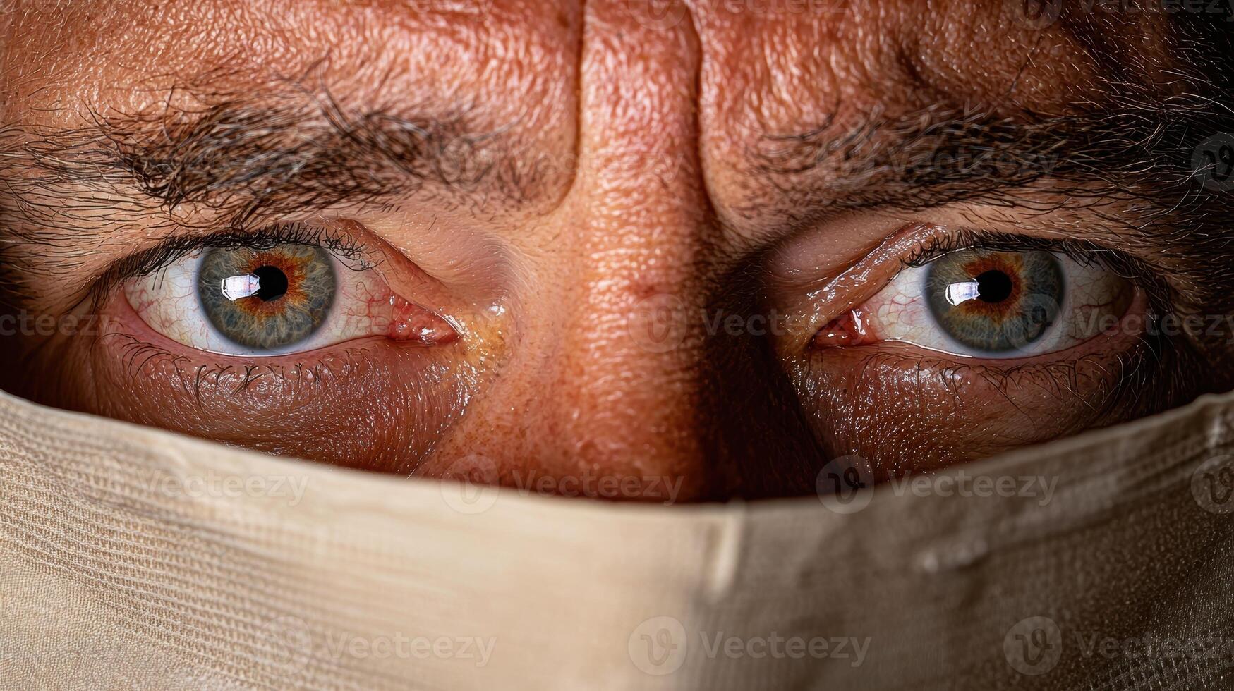 Close up of a mans intense eyes peering over a face mask photo