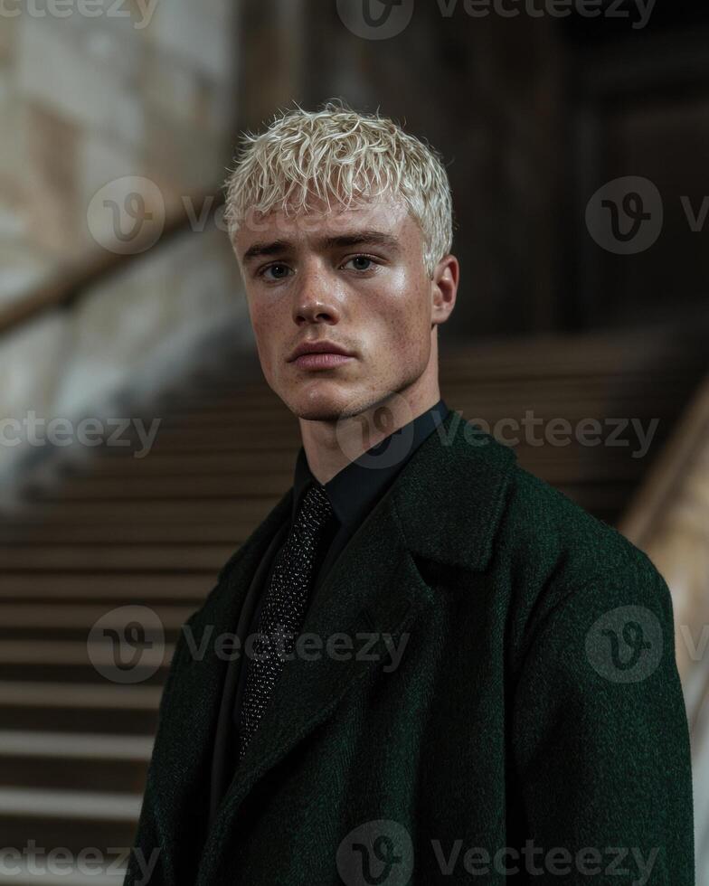 Stylish young man in a green coat photo