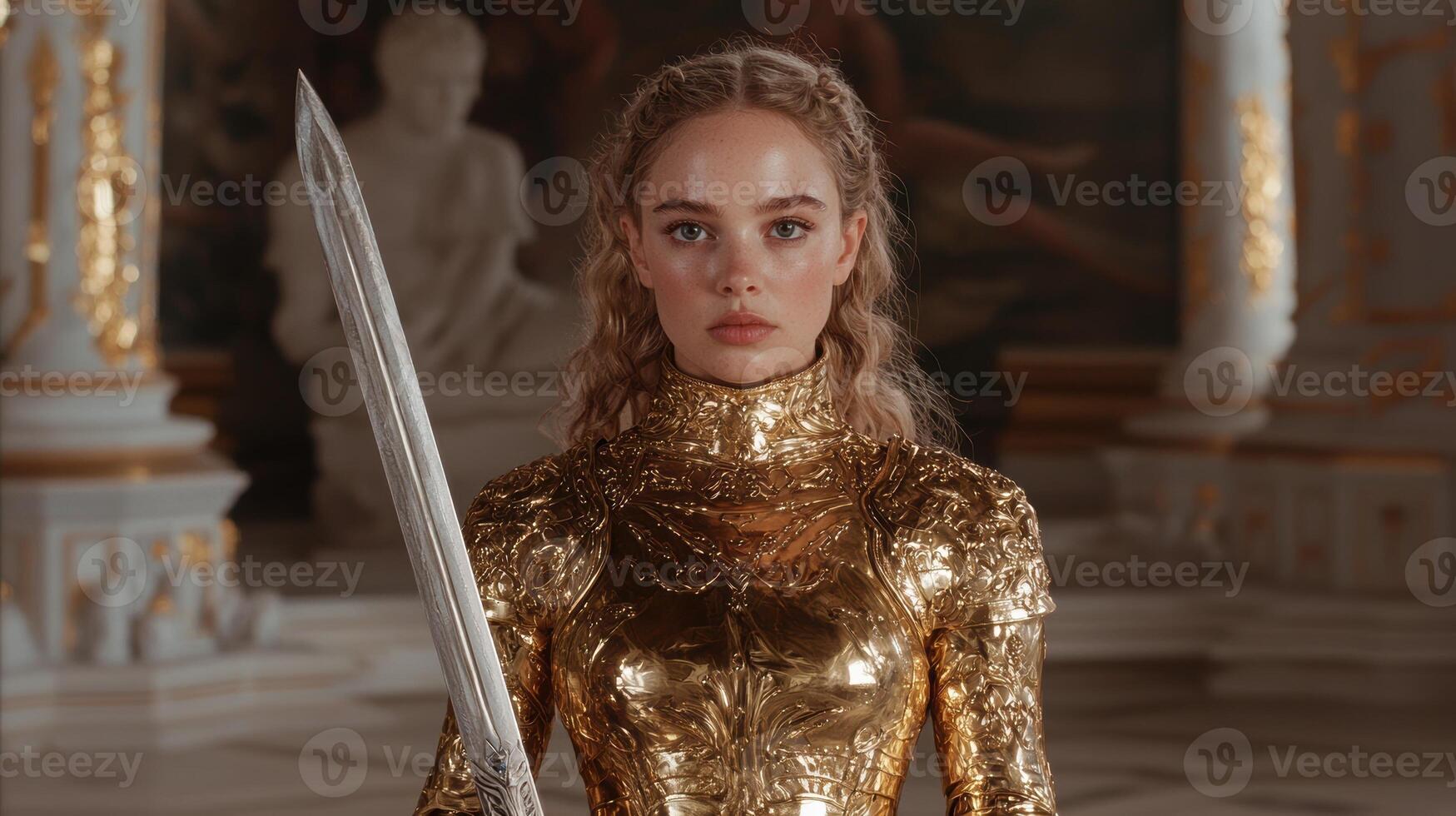 A female warrior in golden armor holds a sword photo