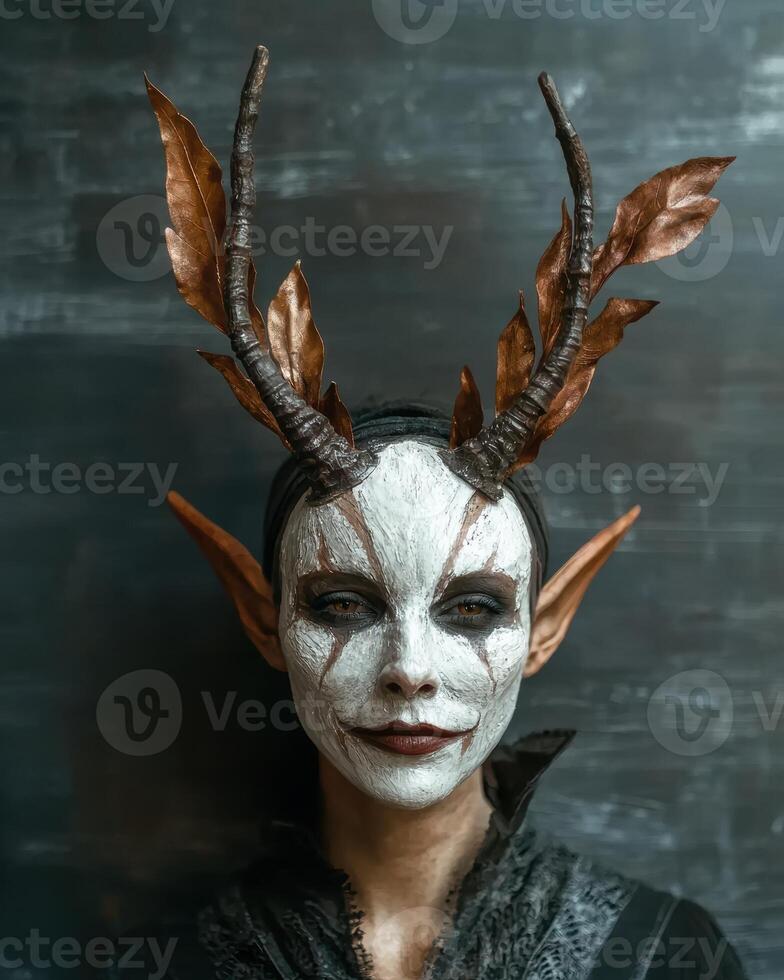 Portrait of a fantasy creature with antlers and elf ears photo
