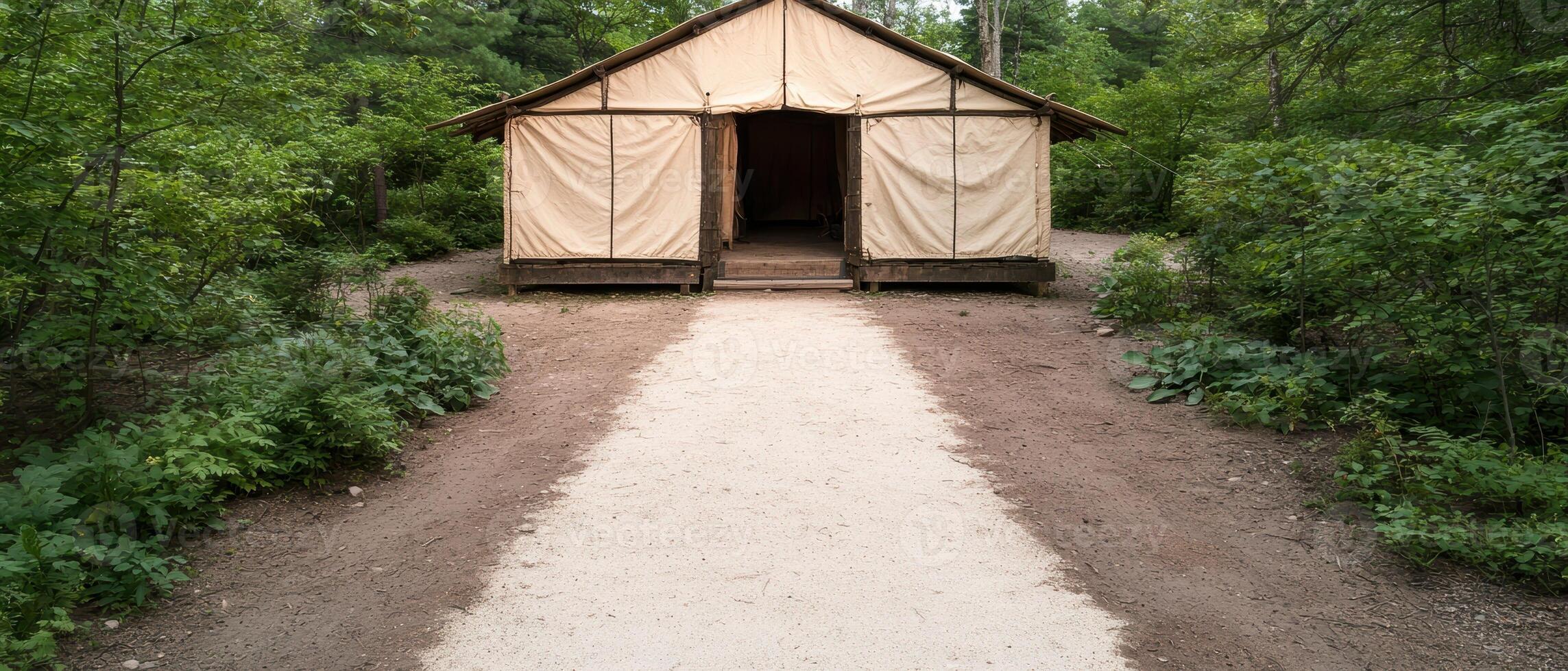 Rustic canvas tent cabin in the woods photo