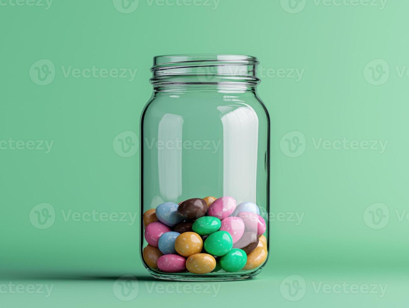 Glass jar filled with pastel colored candy photo