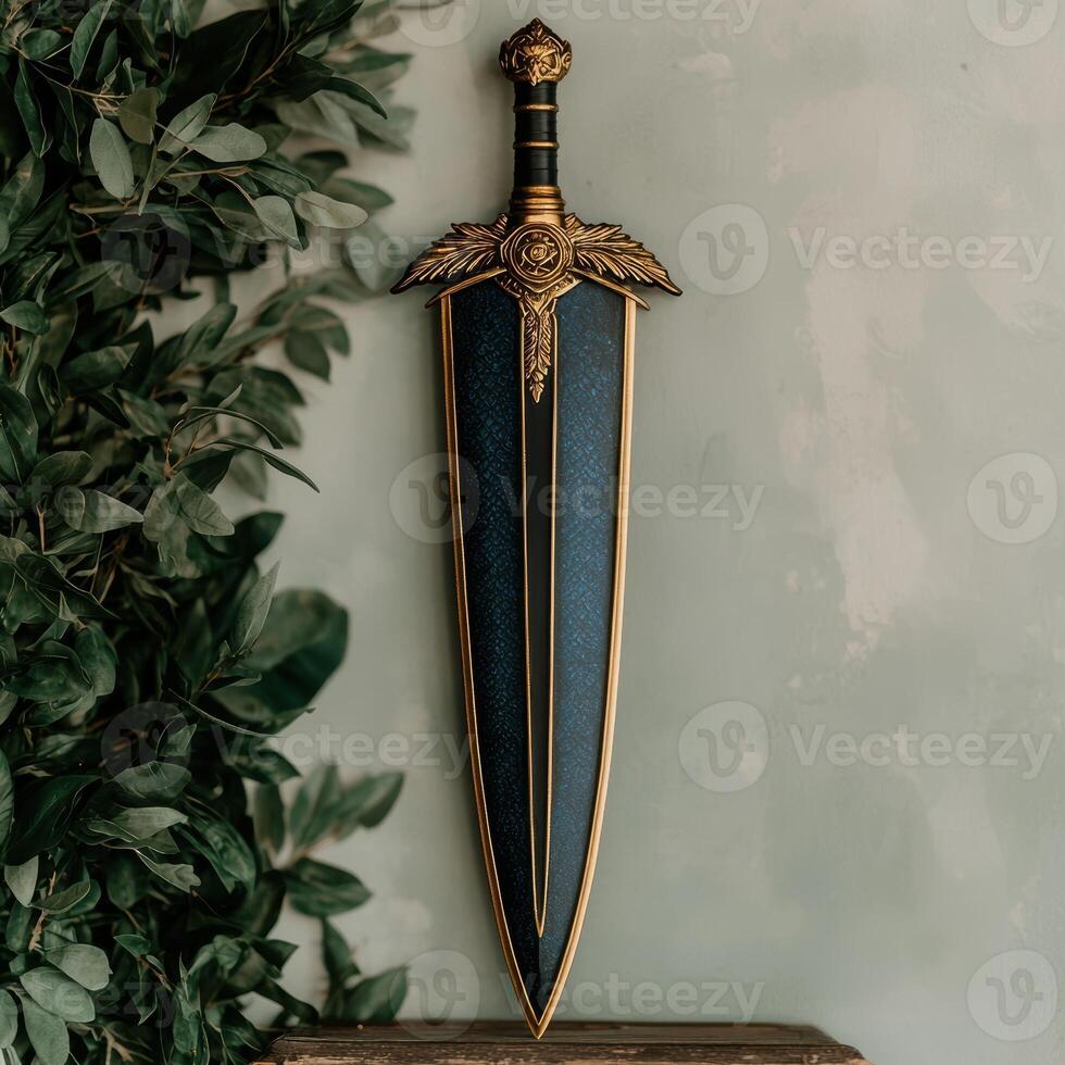 Ornate decorative sword with blue and gold accents photo