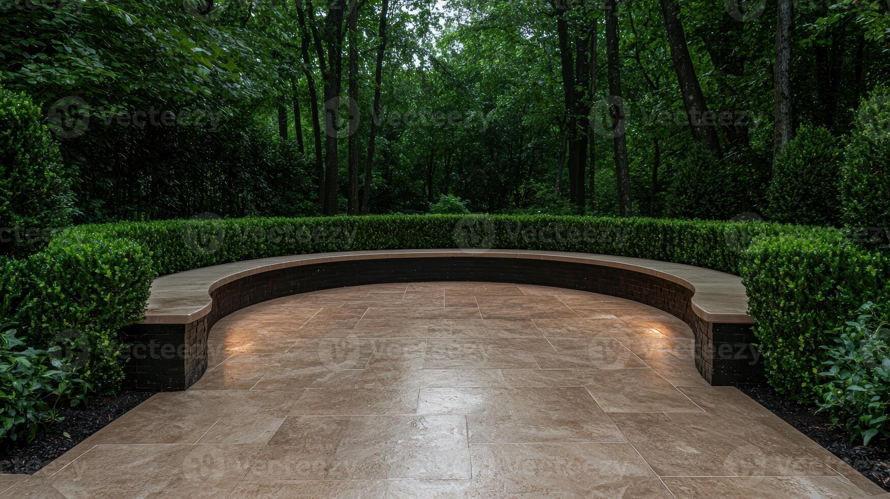 Modern curved bench in a tranquil garden setting photo