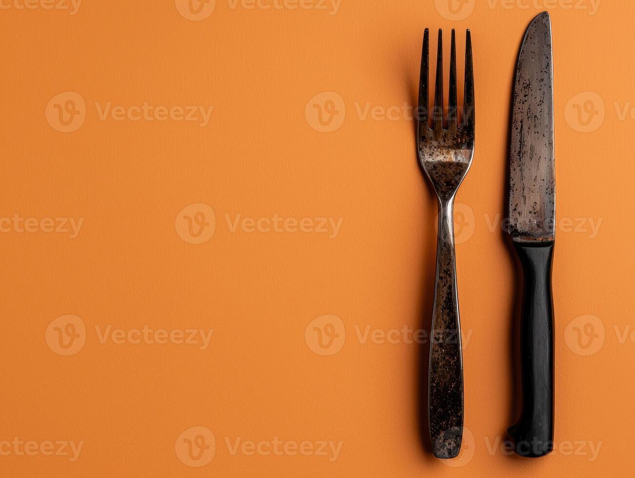 Rusty fork and knife on orange background photo